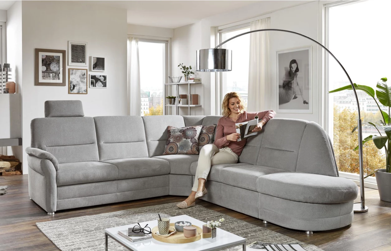 Sedací souprava Relaxness, tvar U, světle šedá látka, s funkcemi 5