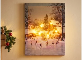 LED vánoční obraz (2 druhy) Zimní bruslení na vsi, 28x38 cm